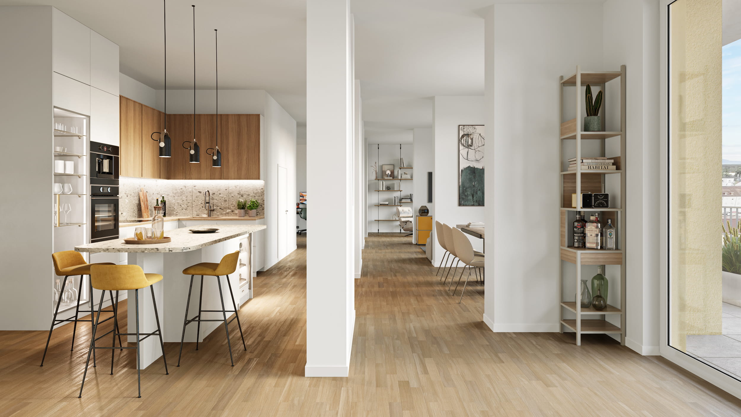 KI-basierte Bildbeschreibung: Moderne, offene Küche und Essbereich mit Holzfußboden, weißen Wänden, einer Insel mit gelben Barhockern, an der Wand montierten Öfen, Hängeleuchten und einer hellen, luftigen Atmosphäre mit großen Fenstern.