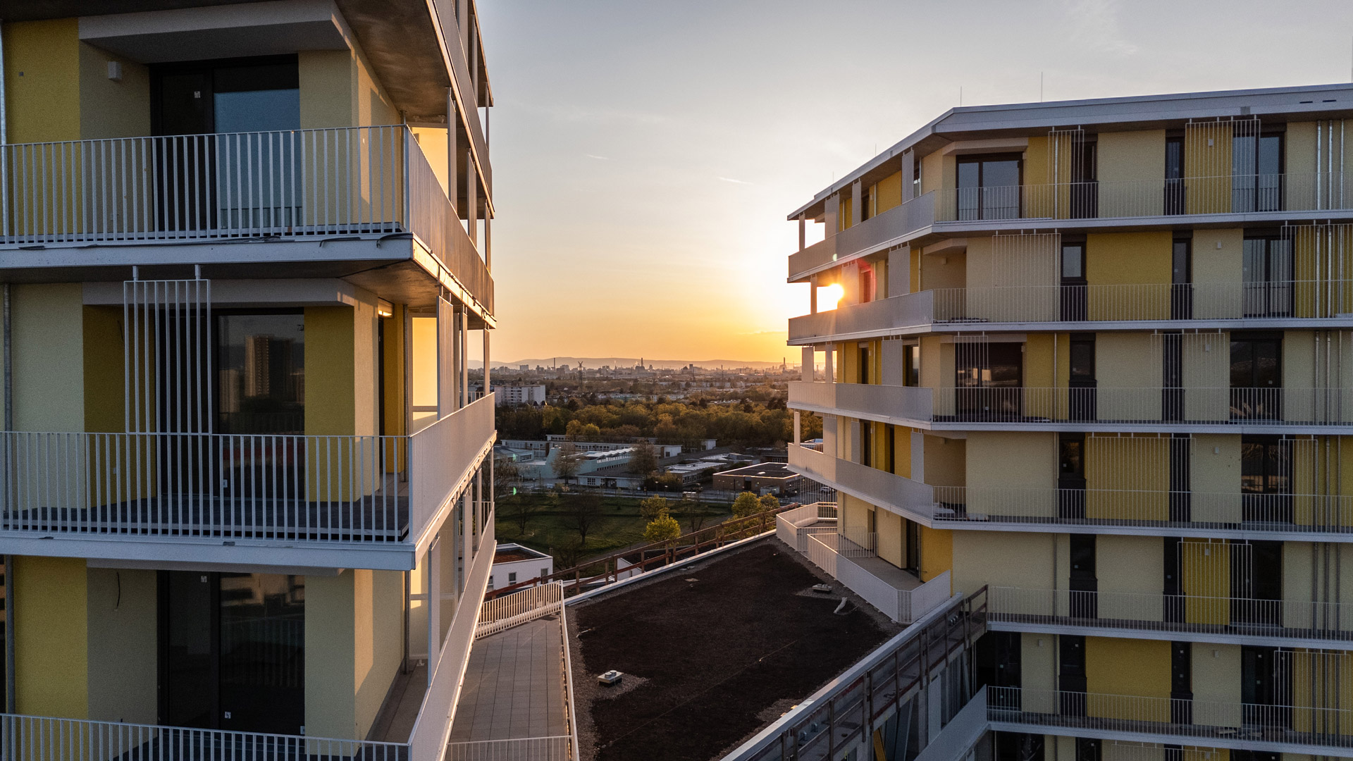 KI-basierte Bildbeschreibung: Zwei moderne, gelbe Wohnhäuser mit Balkonen stehen sich bei Sonnenuntergang gegenüber und überblicken eine Stadtlandschaft mit Bäumen, Dächern und der tiefstehenden Sonne am Horizont.