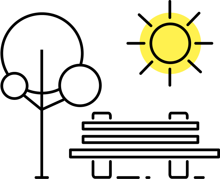 KI-basierte Bildbeschreibung: Minimalistische Illustration einer Parkszene mit einer Bank, einem Baum mit rundem Blattwerk und einer leuchtend gelben Sonne am Himmel - sie fängt die heitere Atmosphäre in der Nähe von Wohnen im Hochpunkt H Mannheim ein.